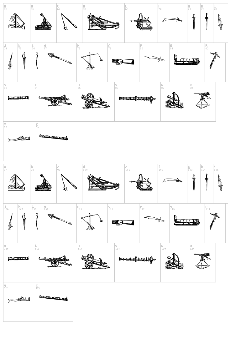 Ancient Weapons TFB font map